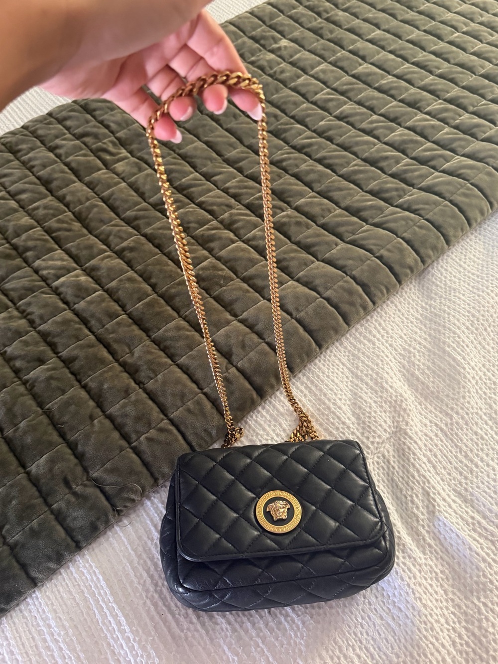 Versace Black Quilted Mini Shoulder Bag with Gold Chain